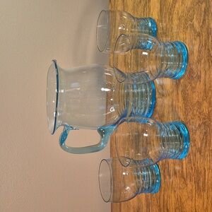 VINTAGE MCM 1970s Aqua Blue Glass Pitcher & Set of 4 Matching Glass Tumblers